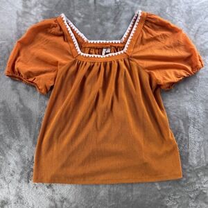 Cato Peasant Blouse Womens L Orange Boho Cottagecore‎ Puff Sleeve Summer Top